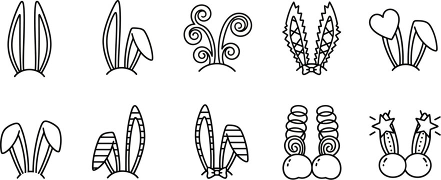 Collection of various black line drawn easter bunny ears on white background