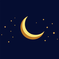 Fototapeta premium Minimal Ramadan background with golden crescent moon and stars on dark navy blue background. Elegant islamic holiday design without text, perfect for stock use.