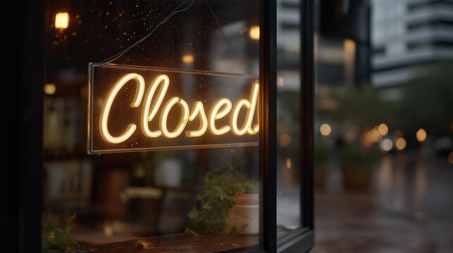 Neon "Closed" sign glowing in a dark restaurant window reflecting on wet pavement outside at night, perfect for urban nightlife concept, closed business atmosphere, city street mood, modern