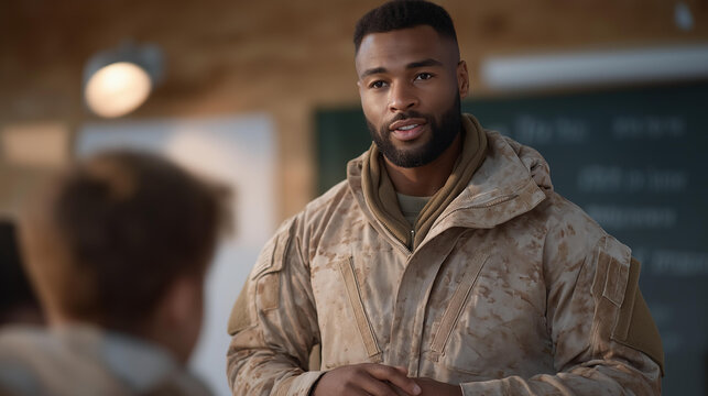 Veteran teacher bringing military discipline and structure to an underperforming urban school classroom, perfect for veteran education career, military skill transfer, teaching profession, modern