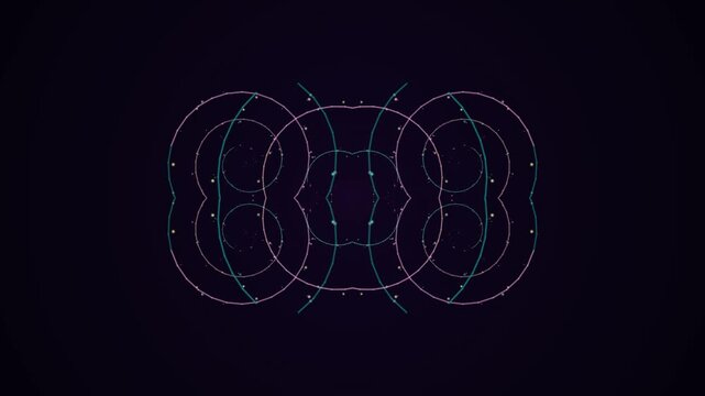Abstract motion symmetrical neon geometric pattern with glowing circular lines on dark background. Futuristic digital art, kaleidoscope design, modern technology backdrop, vibrant light trails and cos