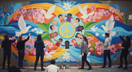 Group of People Painting Mural on Wall.