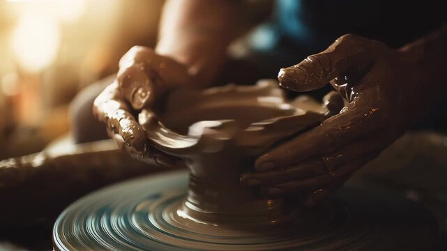 Skilled potter's hands gently shaping wet clay on a spinning wheel. An artisan is creating a traditional ceramic pot in a workshop