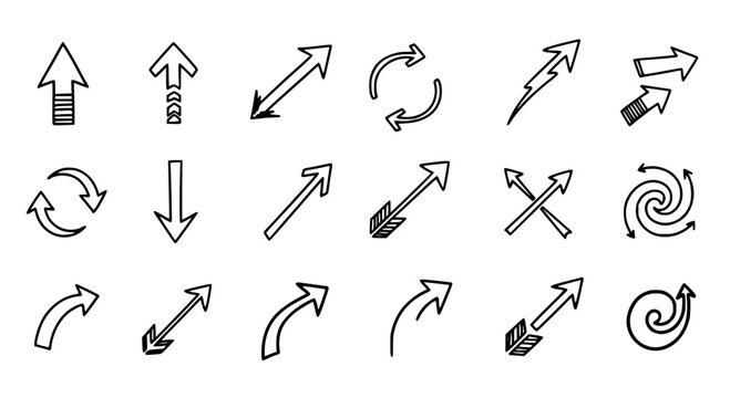 Arrows set with various designs and directions for navigation featuring direction, pointer, cursor with icon and symbol