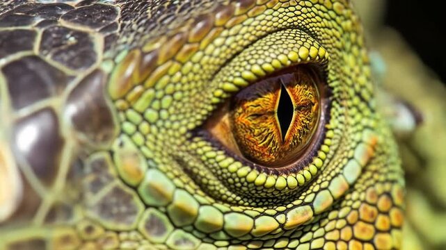 A close-up of a reptile's eye with orange iris and vertical pupil