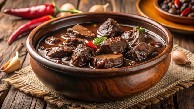 Savory Filipino Dinuguan Pork Stew with Dark Rich Sauce Served in a Rustic Wooden Bowl for Culinary Blogs, Restaurant Menus, and Southeast Asian Food Guides