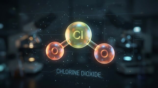 Chlorine dioxide molecule 3D render with glowing atoms against a dark digital laboratory HUD background for scientific visualization of chemical properties and structure