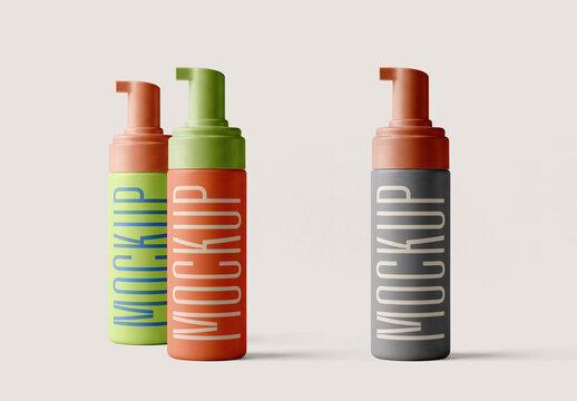 Trio Cosmetic Pump Bottle Packaging Mockup with Editable Background