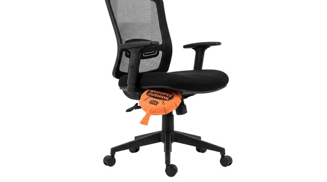 Orange whoopee cushion on a black office chair on transparent background