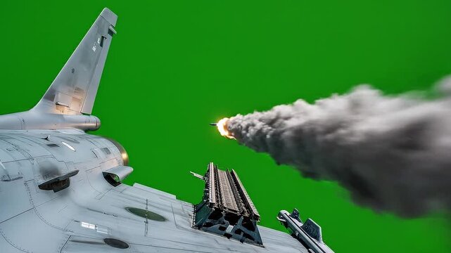 Fighter jet launching a missile on a green screen background, ready for compositing