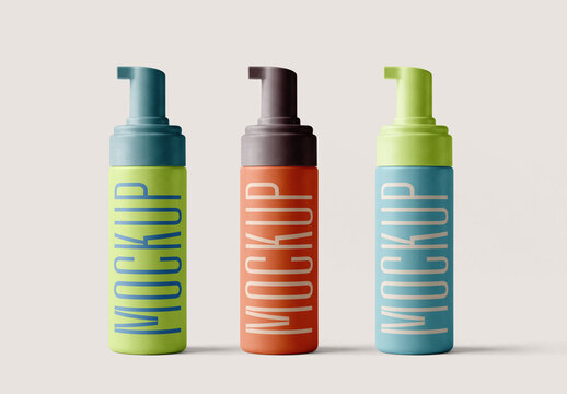 Trio Cosmetic Pump Bottle Packaging Mockup with Editable Background