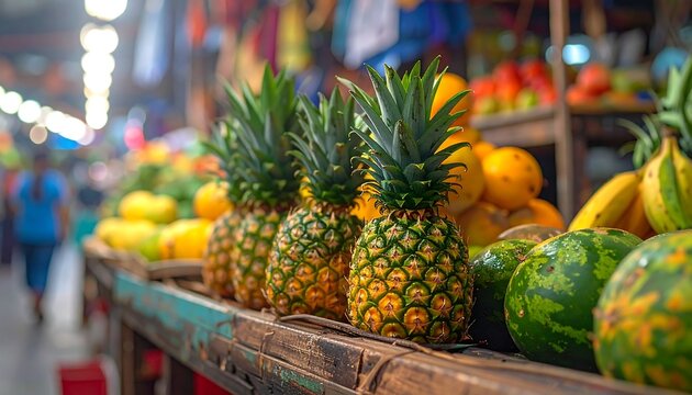 Pineapples and other fruits displayed at a market, on a rustic wood shelf