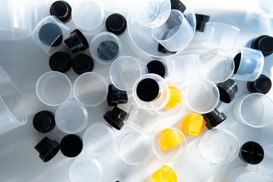 Assorted spray can caps of different shapes, top view graffiti nozzle set