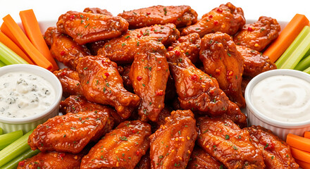 Plate of Spicy Buffalo Chicken Wings with Celery, Carrots, Blue Cheese and Ranch Dipping Sauce