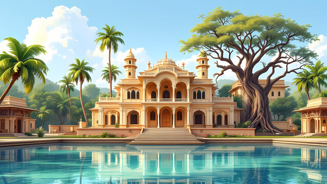 Indian Village Zamindar house Cartoon Background Exotic palace with intricate details, domed towers, and a large reflecting pool surrounded by palm trees