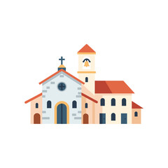 Naklejka premium White mission church with bell tower in sunny village illustration