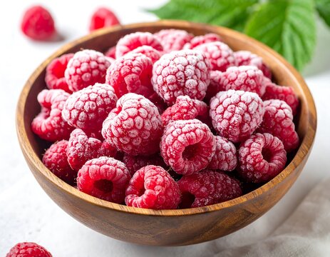 A wooden bowl filled with frozen raspberries and some leaves