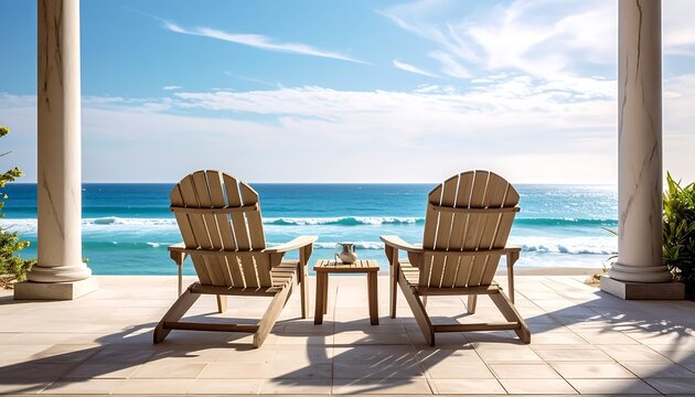 Ocean view from a terrace with two chairs, a table, and pillars under a bright sky with some cloud cover