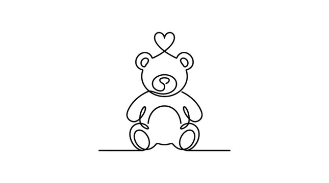 Teddy Bear with Heart One-Line Icon, Single Continuous Line Cute Toy Love Outline