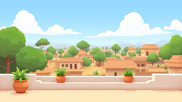 Indian Village Zamindar house Cartoon Background Cartoon illustration of an African village scene with huts, trees, and potted plants under a blue sky