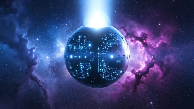 Abstract sphere with electronic circuit design set against cosmic background