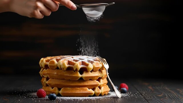 A stack of waffles on a white plate being dusted with powdered sugar
