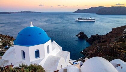 Fototapeta premium Santorini view with blue‑domed church, whitewashed buildings, cross on dome, Aegean Sea, cruise ship, cliffs, caldera rim, soft sunset sky, iconic Cycladic coastal architecture.