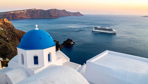 Santorini view with blue‑domed church, whitewashed buildings, cross on dome, Aegean Sea, cruise ship, cliffs, caldera rim, soft sunset sky, iconic Cycladic coastal architecture.