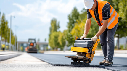Road workers equipment during asphalt repair, infrastructure maintenance activity, street construction moment, pavement service visualization, with copy space