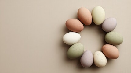 Collection of various colored farm animal ovoid shapes arranged in a circular pattern on a neutral background