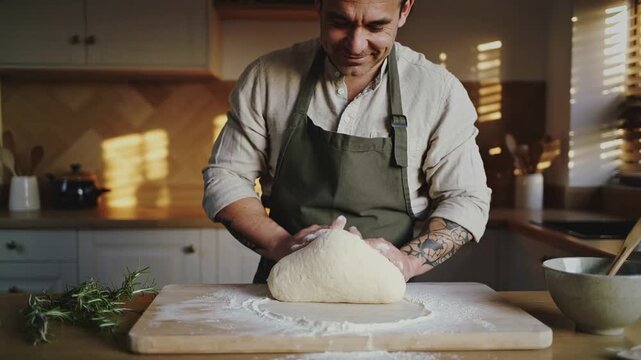 A baker kneads dough on a wooden counter. Sunlight shines through windows as ingredients are mixed. The room is warm and filled with the smell of fresh bread.