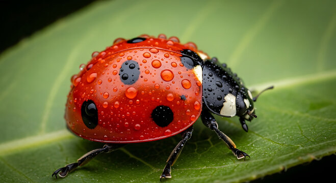 Close-up ladybug en un hoja verde con gotas de agua