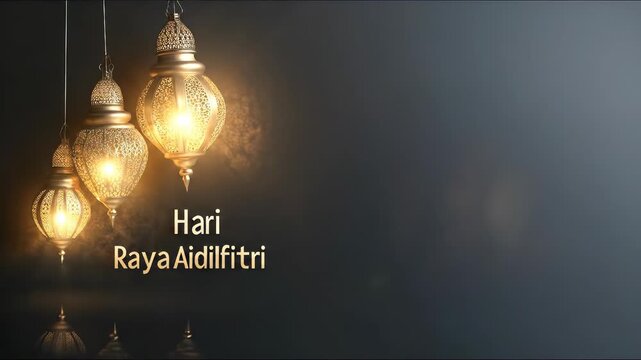 Hari Raya Aidilfitri, a revered Islamic celebration with golden traditional lanterns, symbolizing joyful cultural festivity, spiritual blessings, harmony, and peace