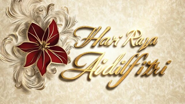 Hari Raya Aidilfitri, celebratory Islamic festival, elegant golden calligraphy, ornate traditional greeting, decorative red floral motif, spiritual holiday wishes, joyous occasion design