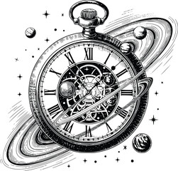 Vintage engraving Surreal Cosmic Pocket Watch Woodcut Illustration on PNG background © SagorKundu