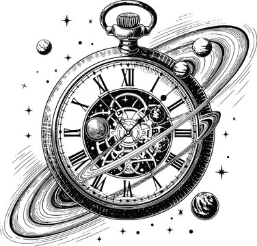 Vintage engraving Surreal Cosmic Pocket Watch Woodcut Illustration on PNG background