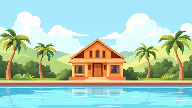 Indian Village Zamindar house Cartoon Background Tropical bungalow home with orange accents by a tranquil turquoise water body, surrounded by palm trees and hills