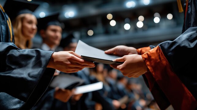 Close-up of hands exchanging a graduation diploma during a ceremony. Student receiving degree certificate in academic gown
