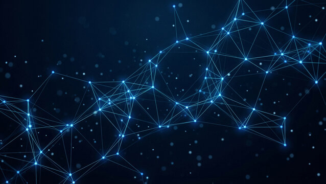 Abstract digital network with glowing nodes and lines on dark background. Ideal for themes of AI, big data, cybersecurity, communication, and futuristic technology.
