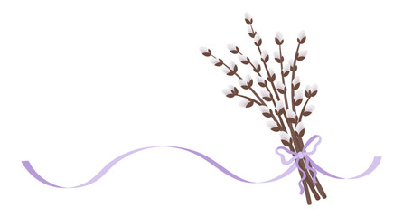 Spring greeting card with willow branches tied with a purple ribbon. Festive spring illustration. © Tatiana
