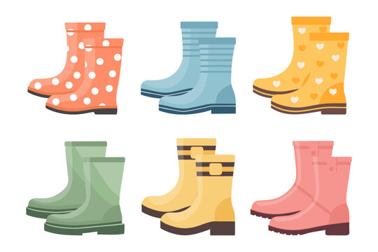 Rubber boots icon set isolated on white background. Collection of colorful waterproof boots.