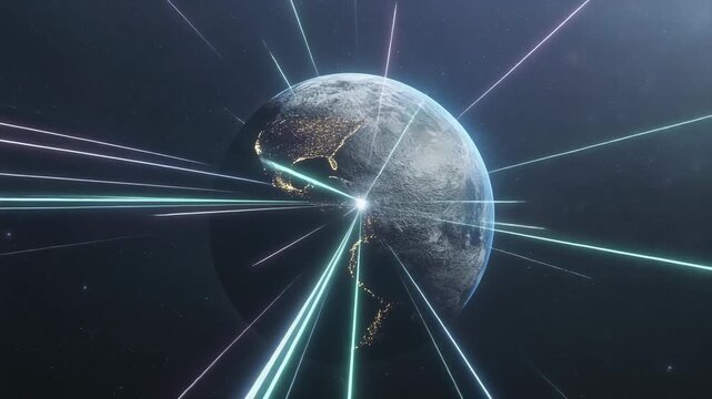 Earth with bright light beams converging and diverging in space planet globe animated