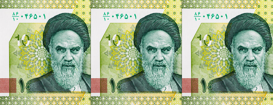 Iranian 100000 Rial Banknote Featuring Ayatollah Khomeini. National Currency of Iran. The spiritual leader of Iran.