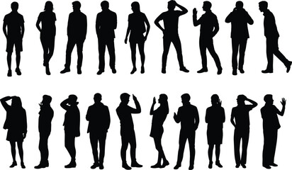 Human silhouettes standing, diverse people poses, casual and formal attire, body language gestures, communication illustration, posture variation, group figures concept, design reference © Enamul