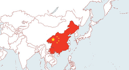 Political map of China highlighted in red with its flag and provinces within the larger Asian continent map. © ndowi
