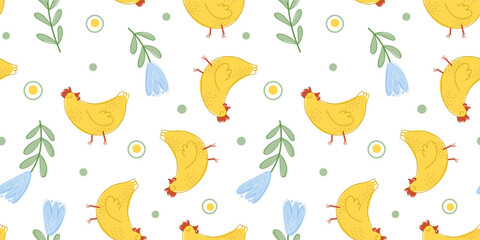 Obraz premium Yellow hens, blue spring flowers and white eggs with yolks seamless pattern on isolated background. Vector illustration in a playful children's style