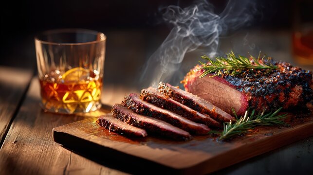 Smoked Brisket Slices with Whiskey and Rosemary on Wooden Board