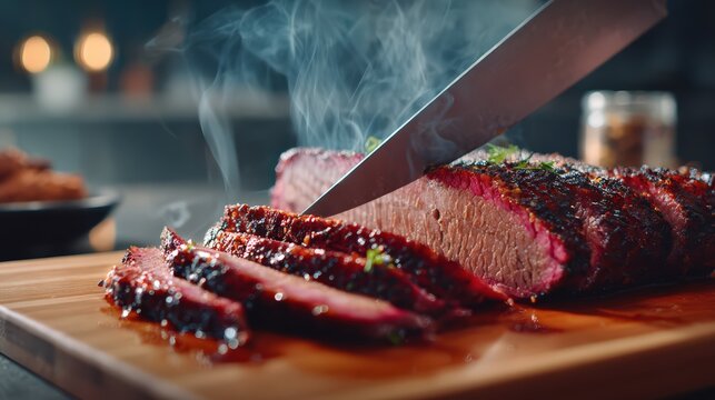 Slicing Hot Smoked Brisket Carved on Wooden Board for Dinner