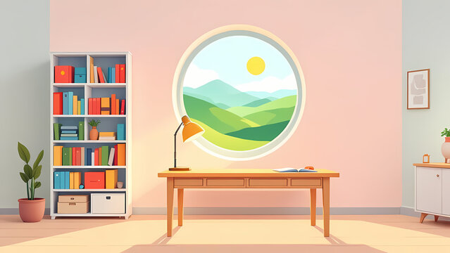 Indian Village Zamindar house Cartoon Background Cozy room with bookshelf, desk, lamp, and round window overlooking a serene mountain landscape