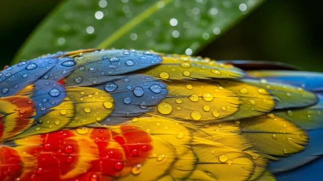 A vibrant bird's colorful feathers covered in raindrops against a blurred green leafy background